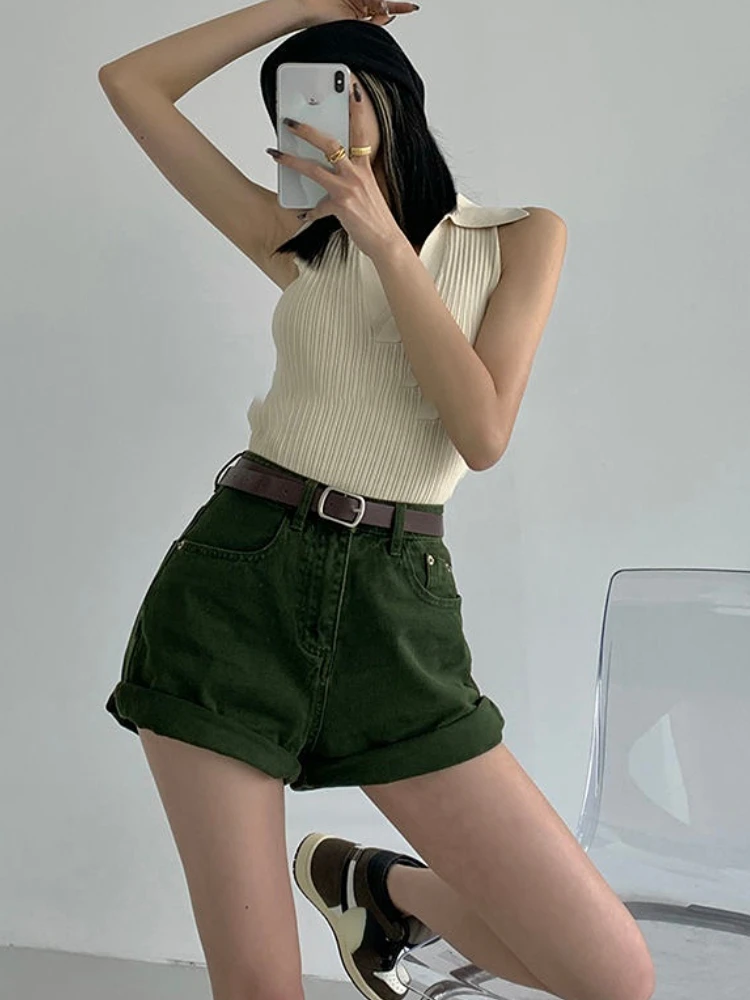 

Loose Designer Casual High Denim Students Korean Summer Waist Retro Women Simple Shorts Solid Daily All-match New Style Fashion