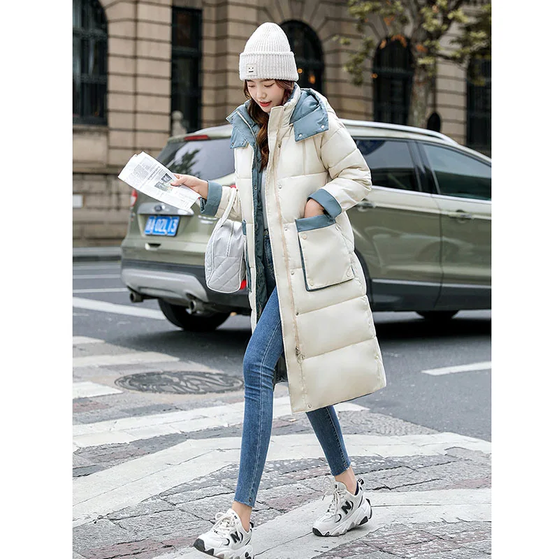 Long Parkas Women Solid Pockets Thicken Warm Jackets 2022 Winter Korean Fashion Casual Hooded Cotton Padded Jacket Female Y940