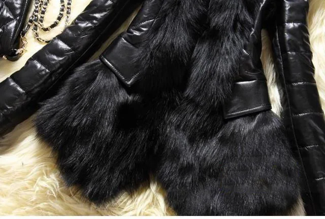 Winter Faux Fur PU Leather Stitching Coat Faux Fox Fur Collar Long Korean Slim Leather Coat Skinny  Fur Black   High Street