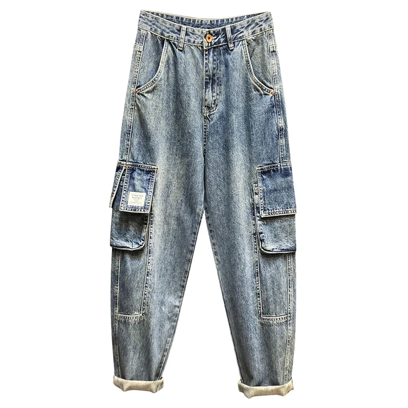 Streetwear Fashion Men Jeans Loose Fit Spliced Designer Multi Pockets Casual Denim Harem Jeans Men Hip Hop Wide Leg Pants Hombre