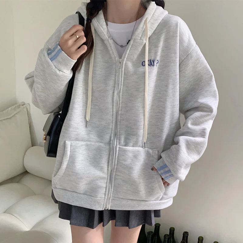 

Harajuku fleece warm Oversized Sweatshirts winter Women Hoodies Letter Embroidery Long Sleeve Hooded Sweatshirt gray Zipper Coat