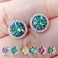 real 100 moissanite earrings blue green pink red gemstone diamond studs earrings round cut s925 silver jewelry for women girls