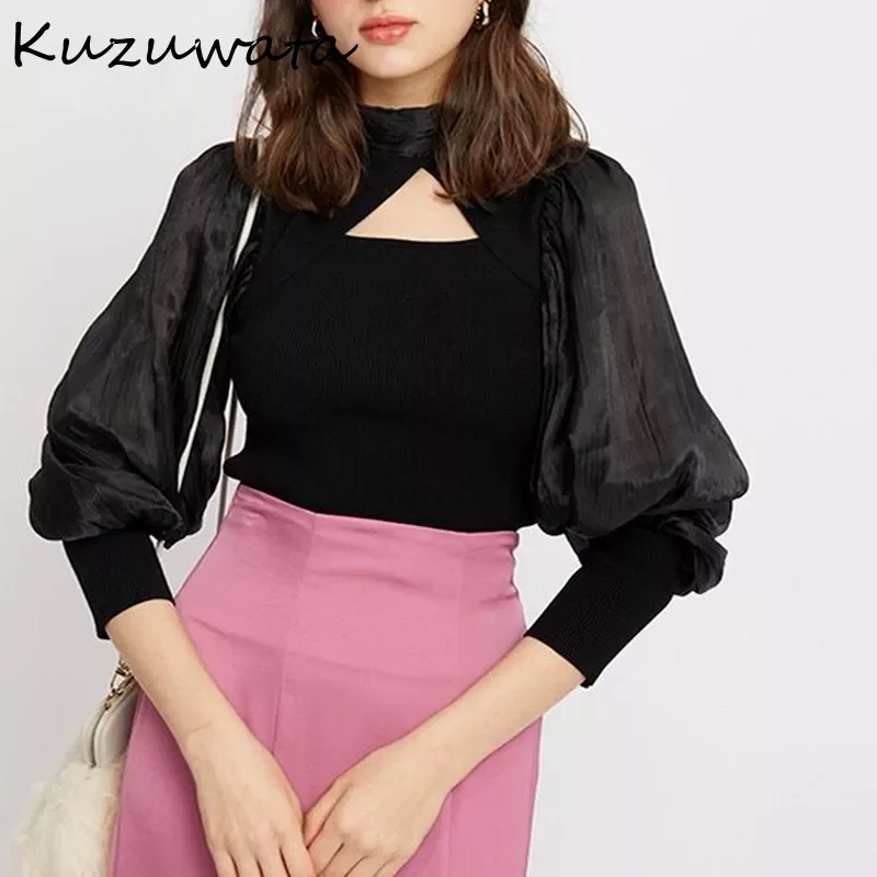 

Kuzuwata 2022 Autumn Winter Women Pullovers Japanese Jumpers Bowknot Lace Up Sexy Hollow Lantern Sleeve patchwork Knit Sweater