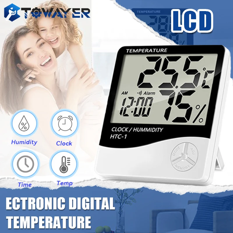 

LCD Electronic Digital Temperature Humidity Meter Indoor Outdoor Thermometer Hygrometer Weather Station Clock HTC-1 HTC-2
