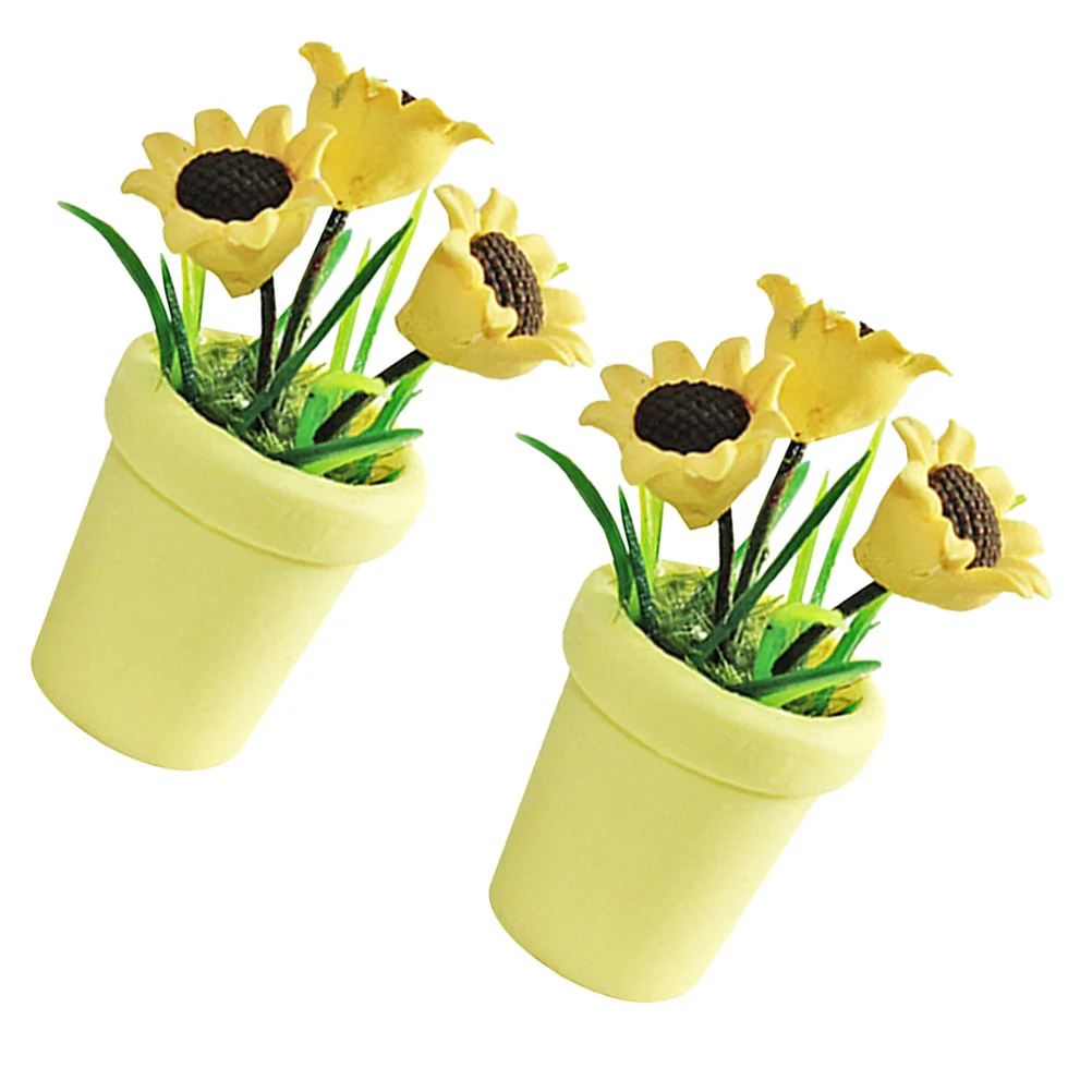 

2 Pcs House Potted Ornament Small Bonsai Miniature Sunflower Resin Prop