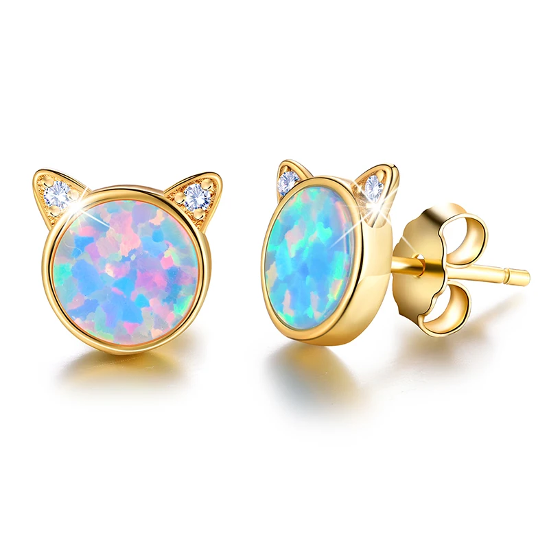 

Stylever 14k gold earrings Sterling Silver Opal Cat Stud Earrings Cute Cat with Natural Stone Gifts for Women