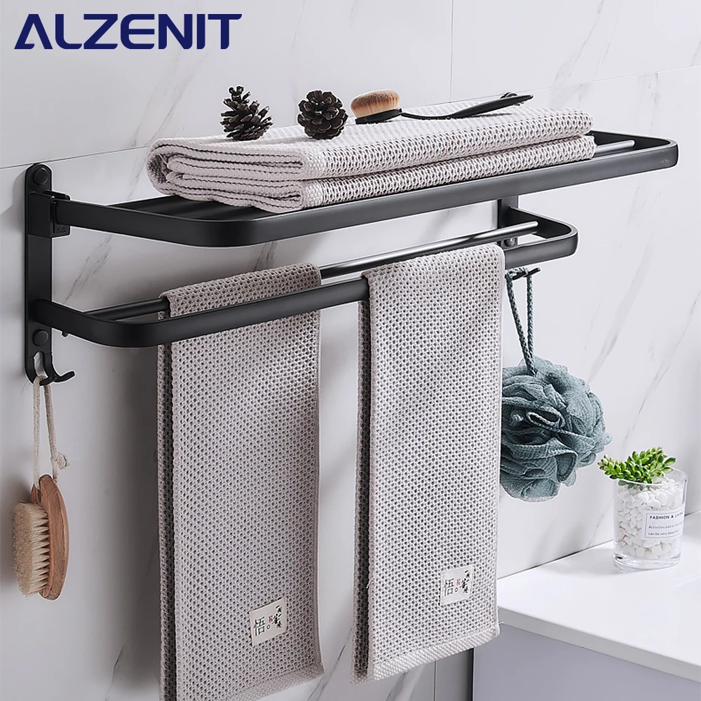 towel rack 40 60 cm folding holder with hook bathroom accessories wall mount hanger shower bar aluminum rail matte black shelf free global shipping