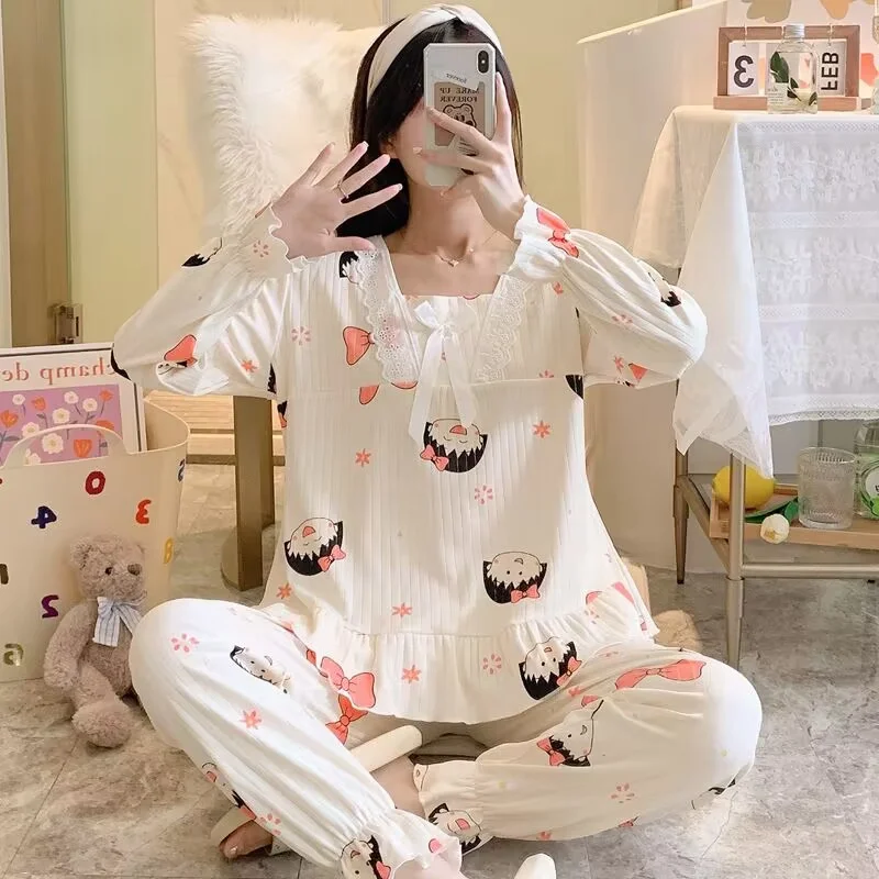 Spring Pajamas Set Full Sleeve T-shirt Long Pants 2Piece/Set Casual Lace Pyjama Big Size Mom Homewear Cozy Plus Sleepwear