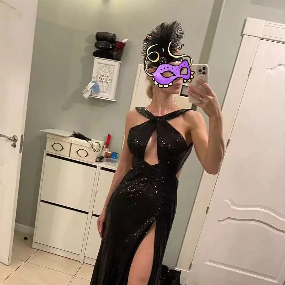 2023 New in Sexy Evening Dress Sequined Halter Sleeveless Backless Black Club Party Dress Fashion Side High Split Long Prom Gown