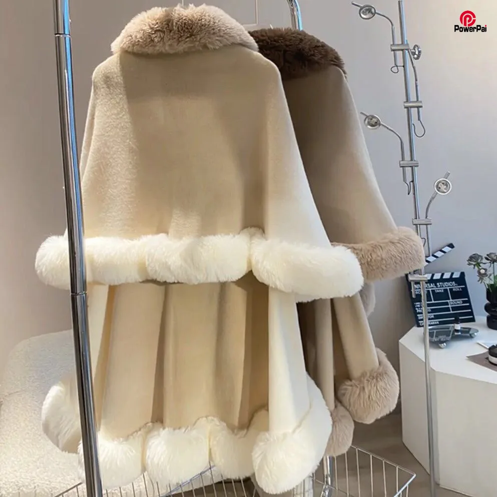 M GIRLS Double Layers Luxury Faux Fur Cape Coat Novelty Dyeing Knit Overcoat Cloak Winter Women Elegant Warm Cardigan Wrap Long