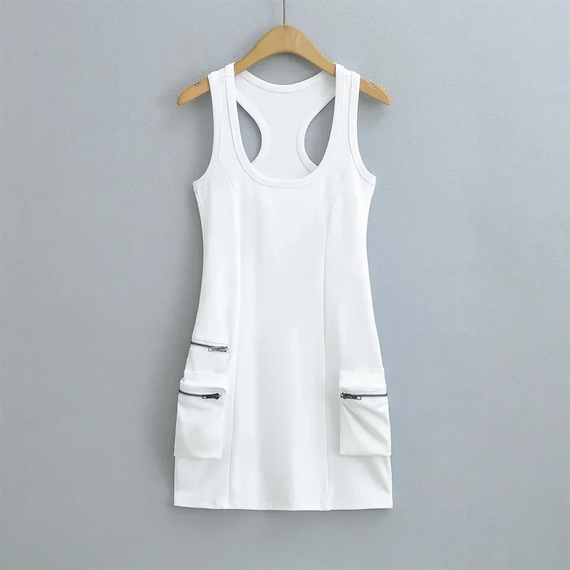 Sexy Pure Desire Vest Dress High Waist Bodycon Skirt Women's Fashion Pocket Design Solid Color Sleeveless Gown |