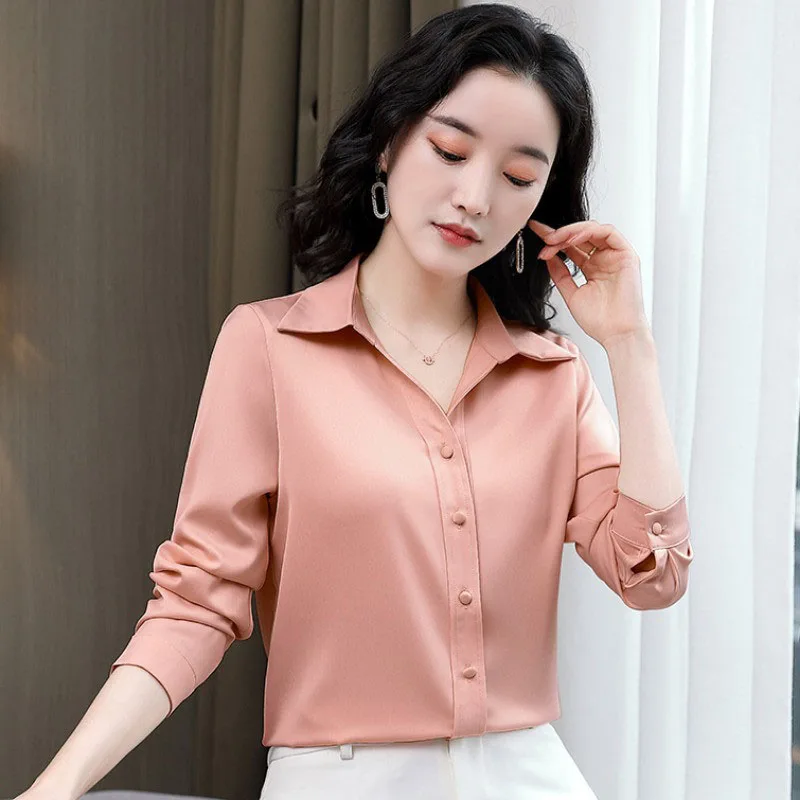 Elegant Lapel Solid Color Button Loose Satin Shirt Women's Clothing 2023 Spring New Casual Tops All-match Office Lady Blouse