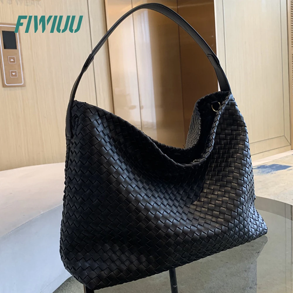 

FIWIUU Women Soft PU Woven Handbag Handmade Hobo Shoulder Bag Clutch Bag Casual Dumpling Pouch Crossbody Leather Composite Bag