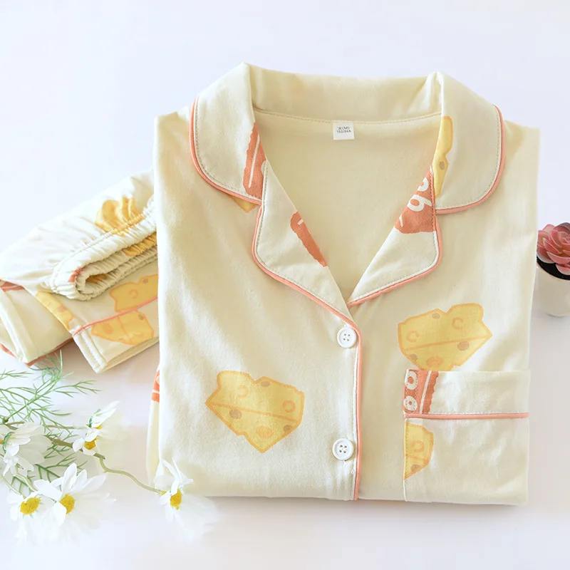 New Cute Women Girls Pure Cotton Pajamas Set Turn Down Collar Cartoon Lovely Spring Sleepwear Set Pajama For Female