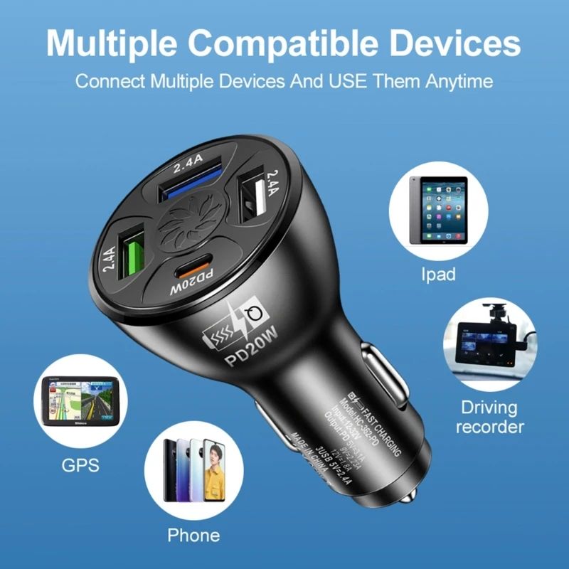 

USB C Car Charger 20W Mini Metal Fast USB Car Charger Adapter PD&USB 4 Port for Cellphone Tablet 40GF