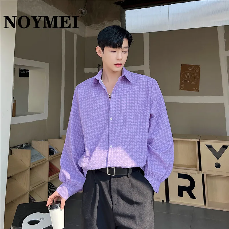 

NOYMEI Purple Fashion Embossed Thousand Bird Pattern Personalized Korean Men Shirt Lapel 2023 Summer Causal Male Top WA1389