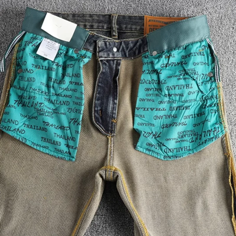 Уличные тяжелые винтажные синие водные моющиеся старые джинсы мужские подходят