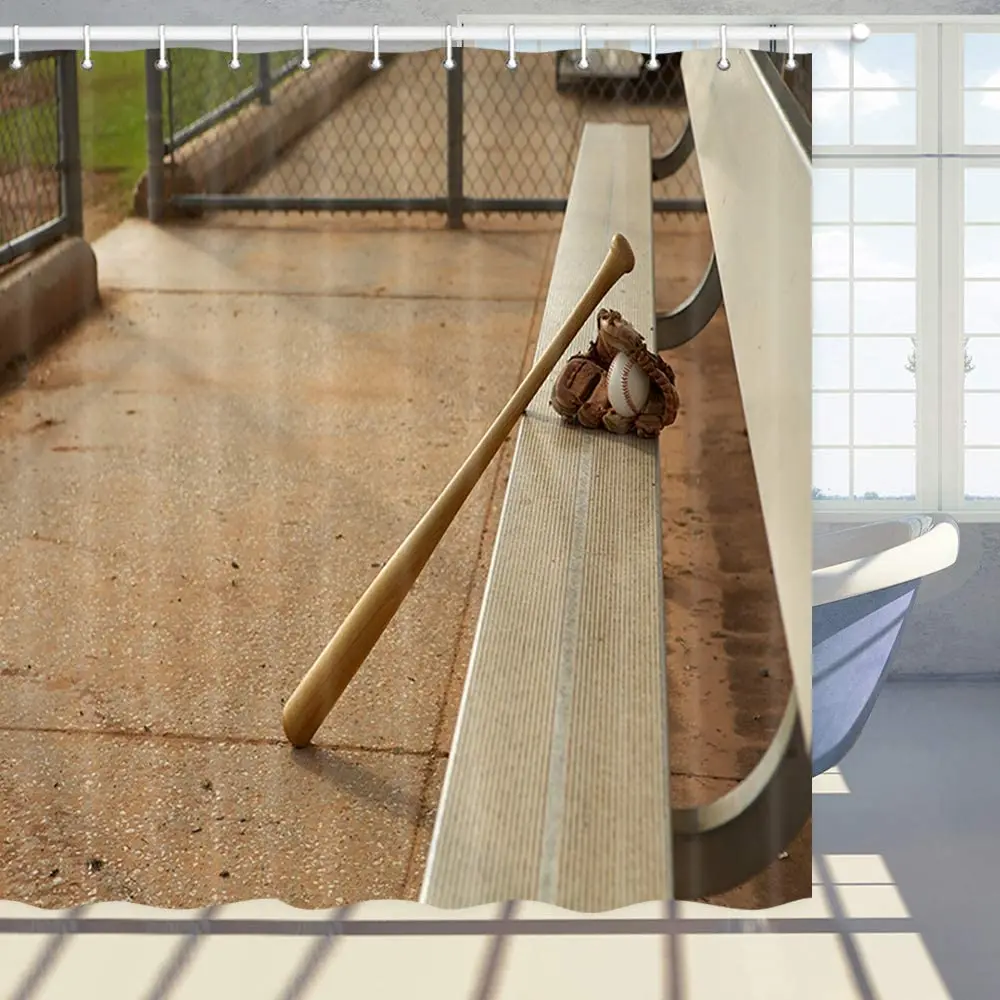 

Baseball Shower Curtain Baseball Bat and Glove Bench Dugout Bathroom Curtain Polyester Fabric Bath Curtains Set with Hooks