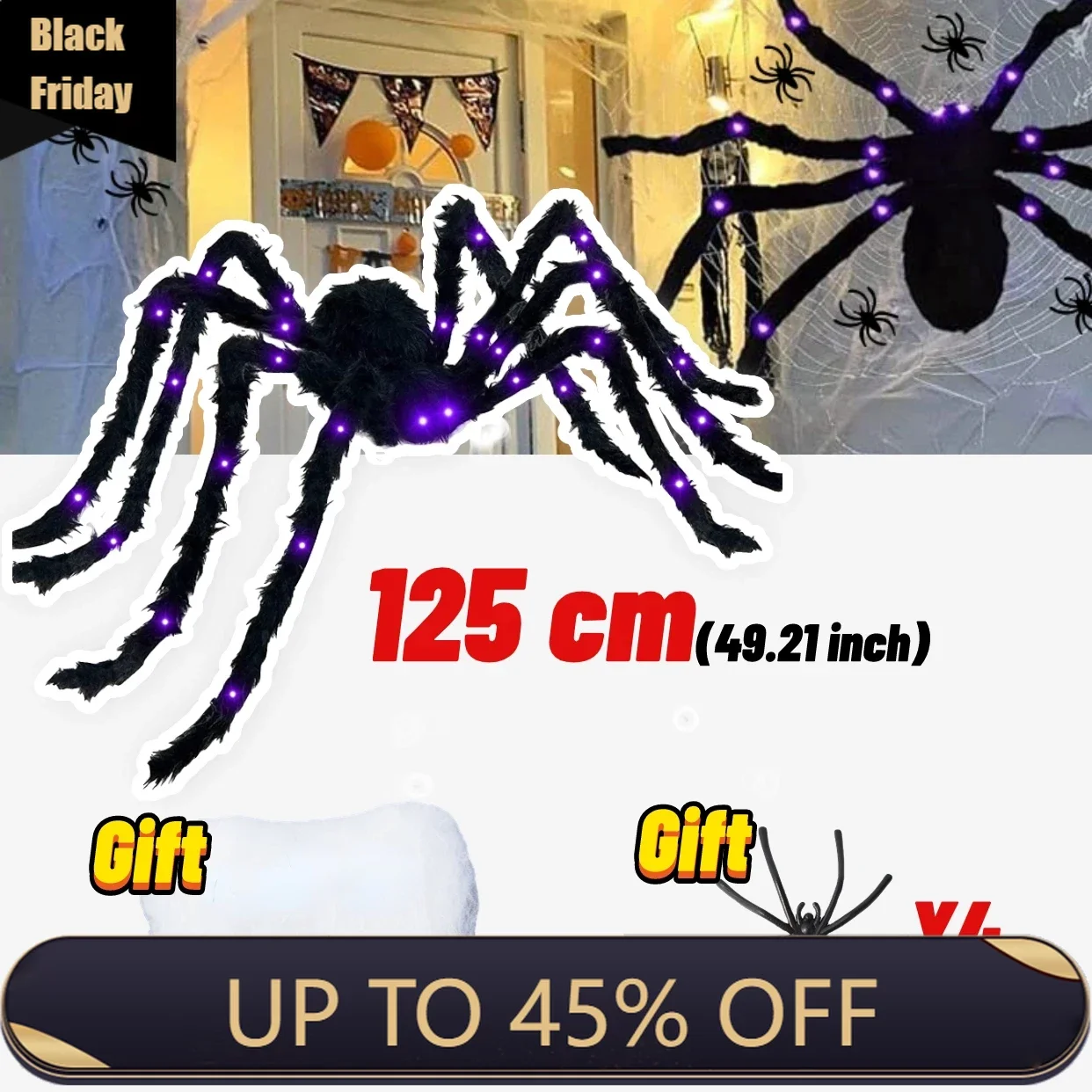 

LED Light Giant Simulation Spider Halloween Decoration Night Purple Light Haunted Props Black Scary Outdoor Haunted Party 2023