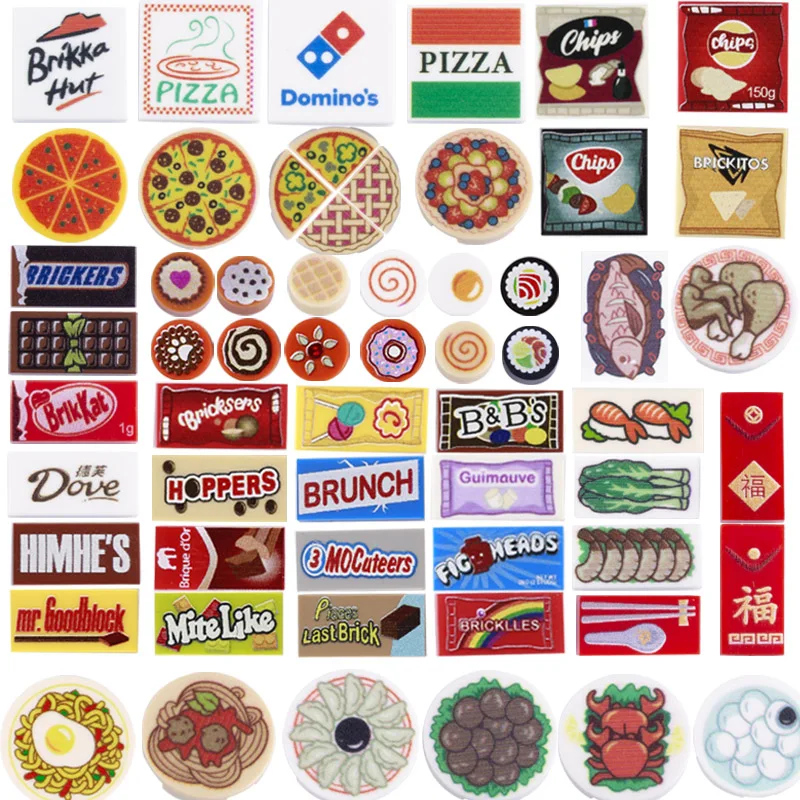 

Chocolate Pizza Cake Dessert Sushi Drink Building Blocks City Figures Accessories DIY MOC Snack Food Printed Bricks Toys Kids