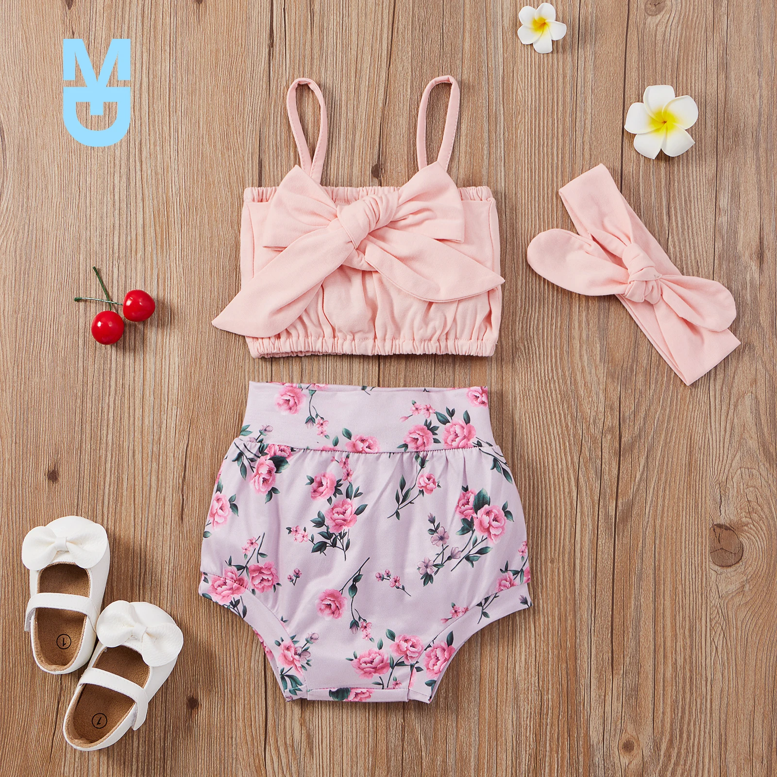 

New 3 Pcs born Summer Outfits, Baby Girls Solid Color Spaghetti Strap Boat Neck Camisole with Bowknot + Floral Shorts + Headband