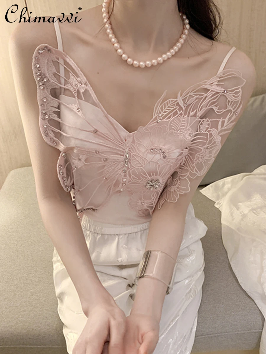 

Summer 2022 New Retro Solid Color Short Pullover Camisole Ladies Fashion Three-Dimensional Bow Embroidered Diamond Sling Female