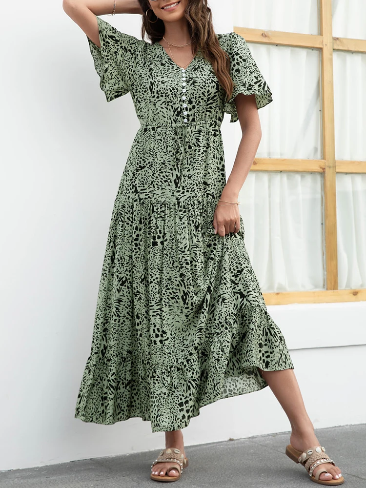 

Summer Print Green Dresses for Women Vintage Bohemian Maxi Dresses Retro Sexy V Neck Lady Long Robe Vacation Beach Dress 2022