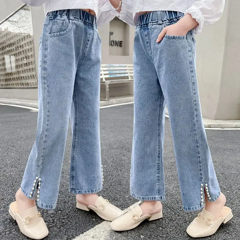 

Женские прямые джинсы для девочек, голубые широкие брюки с эластичным поясом для подростков, одежда для девочек 6, 8, 9, 10, 5