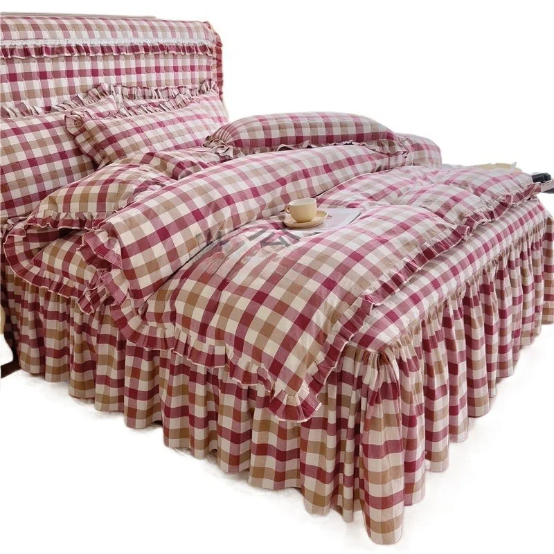 X6u Pure Cotton Black and White Plaid Four-Piece Set Washed Quilted Bed G Skirt Bedspread Lace Quilt Cover Stain-Resis...