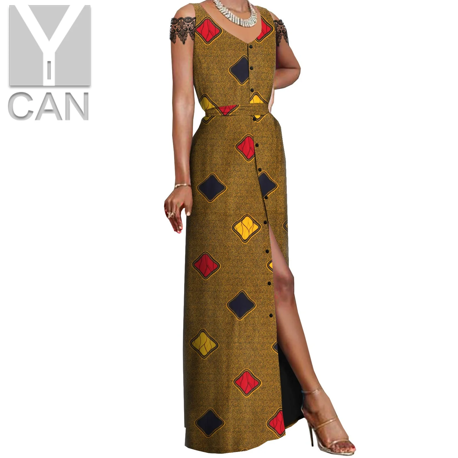 African Print Dresses for Women Elegant Lace Sleeve Party Dresses with Belt Ladies Outfits Bazin Riche  African Clothes A2125031