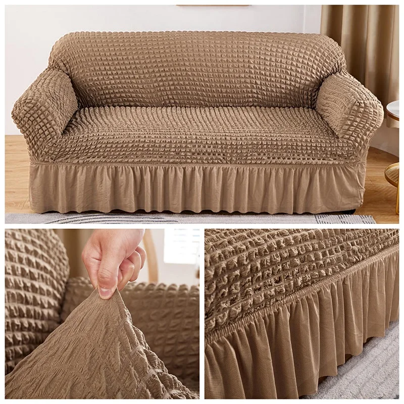 

Thick Elastic Sofa Cover Solid Color Seersucker Sofa Slipcover for Living Room 1/2/3/4 Seater Stretch L Shape Corner Couch Cover
