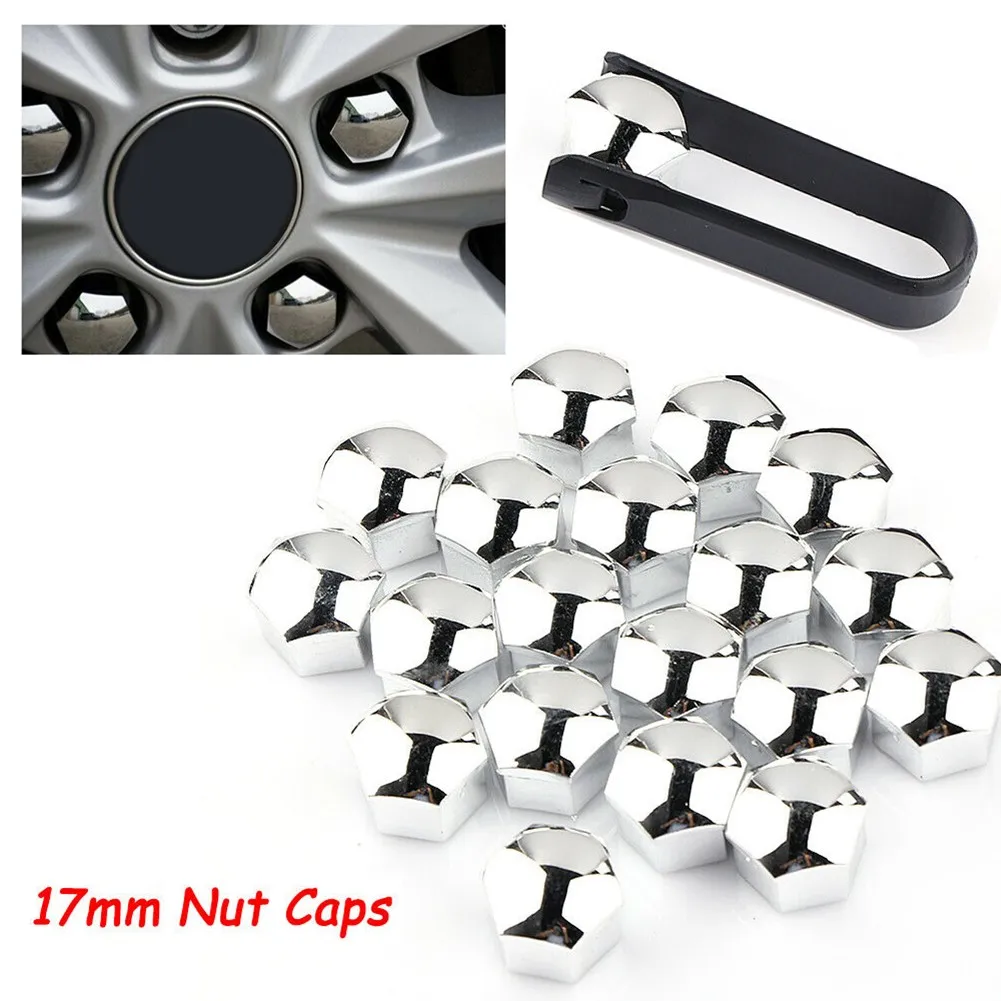 

20Pcs 17mm Car Wheel Lug Bolt Nut SMOOTH SILVER ALLOY WHEEL NUT BOLT Protection COVERS UNIVERSAL SET Removal Tool Car Accessorie