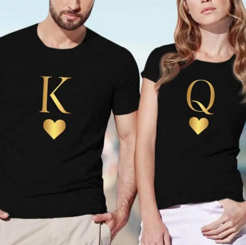 

King Queen Letter Heart Print CouplePure Cotton T Shirt Lovers Casual Tshirt Short Sleeve O Neck Loose Women Tee Tops Harajuku