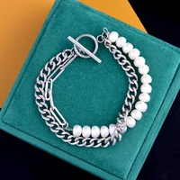 high quality fashion 316l stainless steel natural pearl bracelet shiny color proof bangle charm wholesale jewelry women
