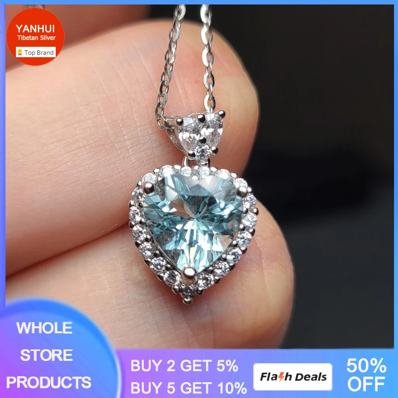 

New Luxury Heart Created Sapphire Crystal Pendant Necklace for Women Tibetan Silver Charm Necklace Romantic Wedding Jewelry Gift