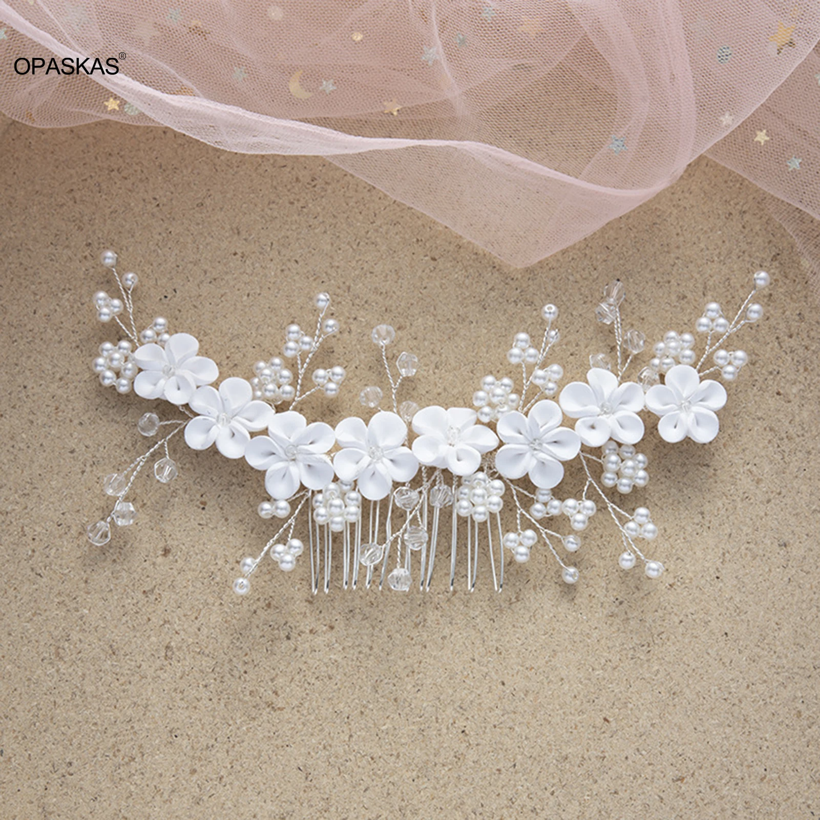 

White Floral Hairpin Side Comb Pearl Crystal Tiaras Wedding Bride Hair Jewelry Girls Headdress Handmade Hair Ornament Jewellery