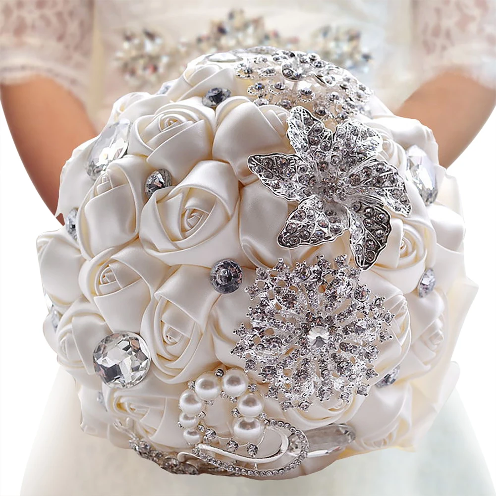 

18cm Artificial Silk Rose Handmade Bridal And Bridesmaid Bouquets Exquisite Rhinestone Diamond Pearl Handmade Wedding Decoration