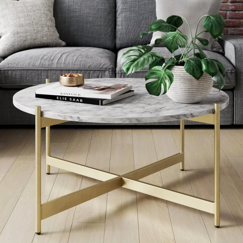 

Nathan James Piper White Faux Marble Gold Brass Metal Frame Round Modern Living Room Coffee Table living room furniture