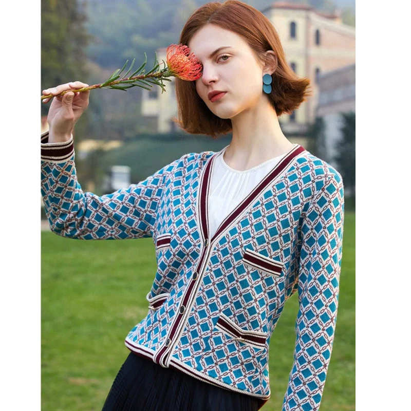 

Autumn and winter new all-match sweater long-sleeved colorblock V-neck loose cardigan women's sweater