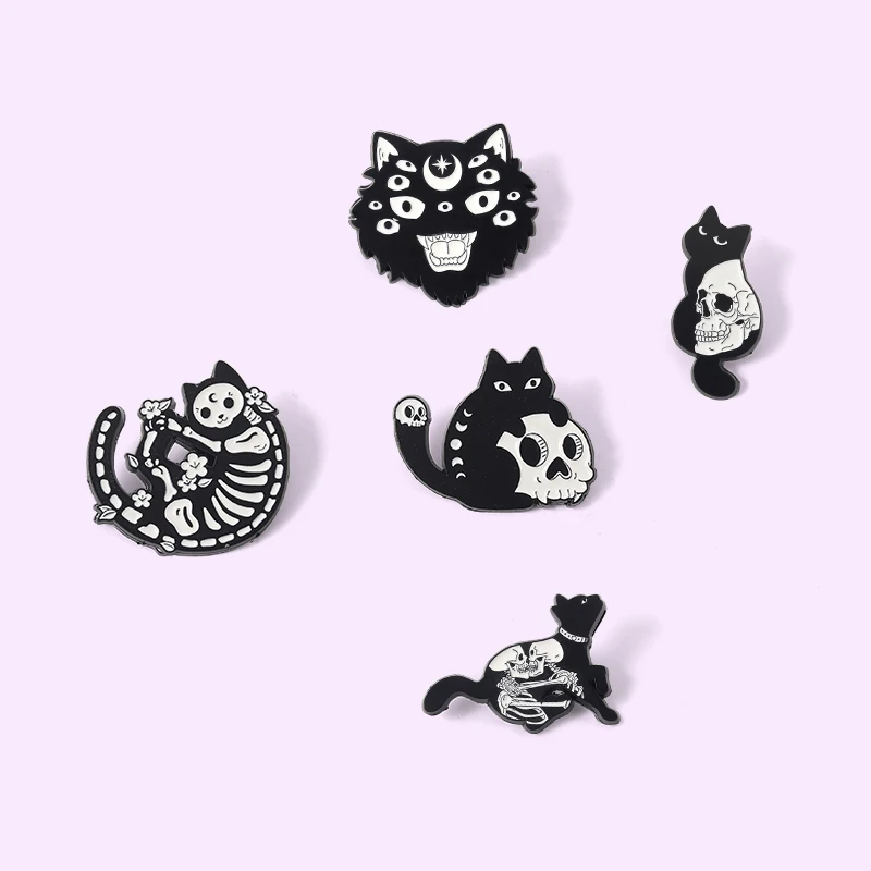 

Punk Black Cat Pins Gothic Skull Skeleton Flower Women's Brooch Fashion Small Clothes Accessories Pin Metal Badge Gift Jewelry