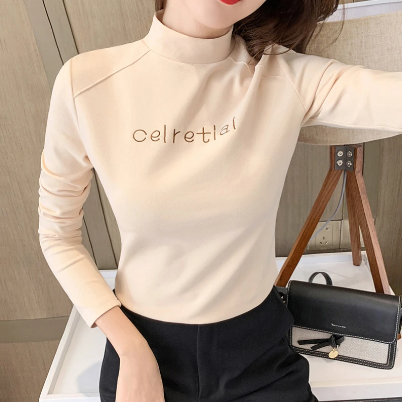 

Almighty Casual T-Shirts For Women Winter Thick Long Sleeve Stand Collar Letter Embroidery Femme Tops Tees Fashion Woman TShirt