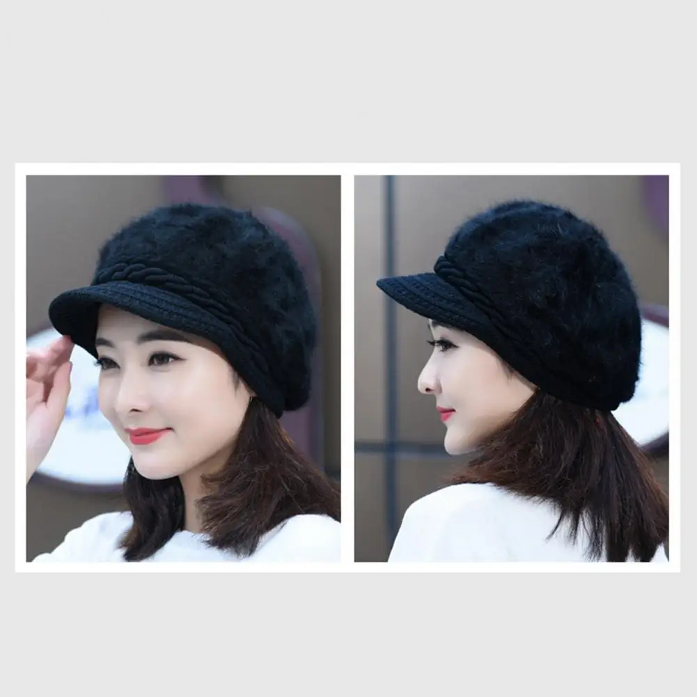 

Trendy Women Peaked Hat Dome Faux Rabbit Fur Knitted Beret Hat Stretchy Knitting Skullies Beanie