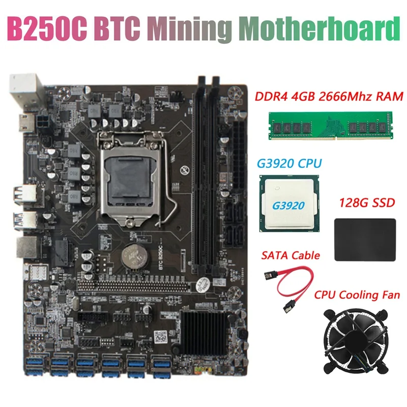 

Материнская плата B250C для майнинга BTC + ЦП G3920 или G3930 + вентилятор + DDR4 4 Гб 2666 МГц ОЗУ + 128 Гб SSD + кабель SATA 12xpcie к USB3.0, графическая карта
