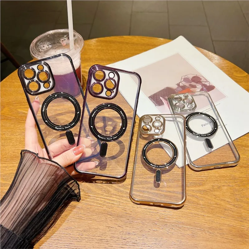 Electroplated Magnetic Suction Phone Case Suitable For iPhone 14, 13, 12, 11 Pro Max Plus Transparent Fall Protection Case