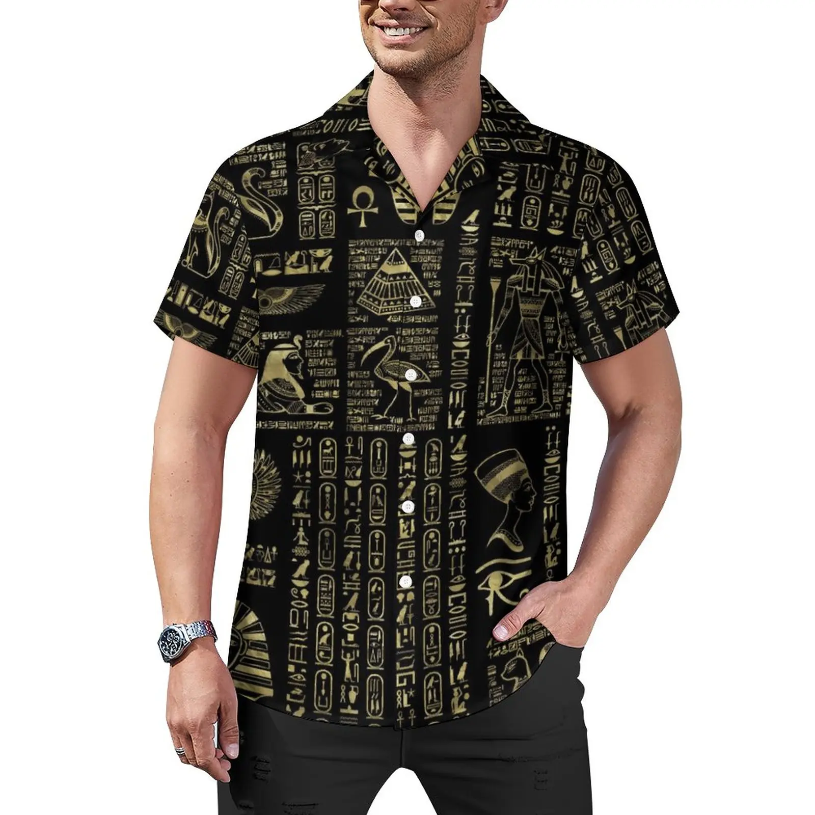

Retro Letter Print Beach Shirt Egyptian Hieroglyphs Summer Casual Shirts Men Aesthetic Blouses Short Sleeve Graphic Clothing
