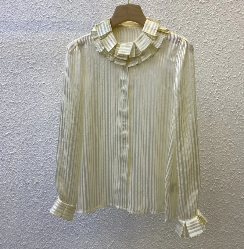 100%Silk Shirts 2023 Spring Summer Blouses Women Flower Collar Striped Patterns Long Sleeve Elegant Work Lady Beige Black Shirts