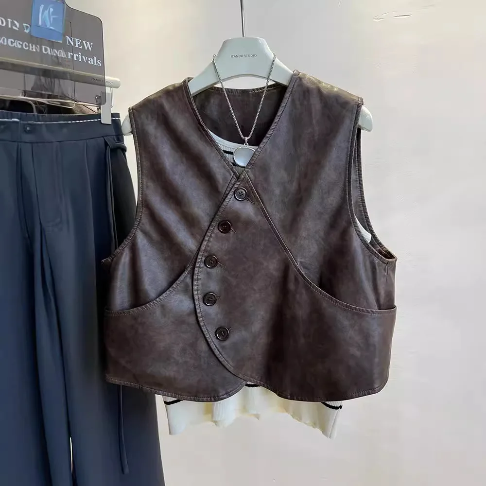 Кожаный женский короткий стиль 2024 осенний наряд новый корейский ретро-дизайн на