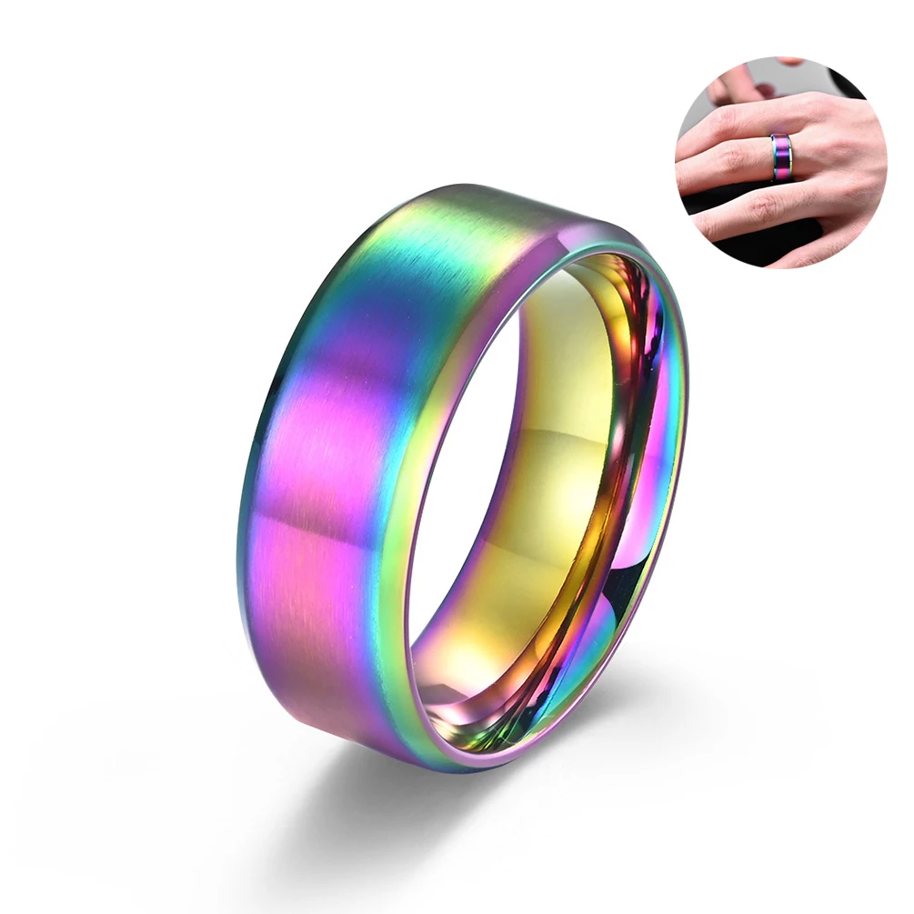 

Simple 8mm Rainbow Stainless Steel Rings For Men Women Colorful Matte Finish Beveled Polished Edge Ring Men Wedding Band Jewelry