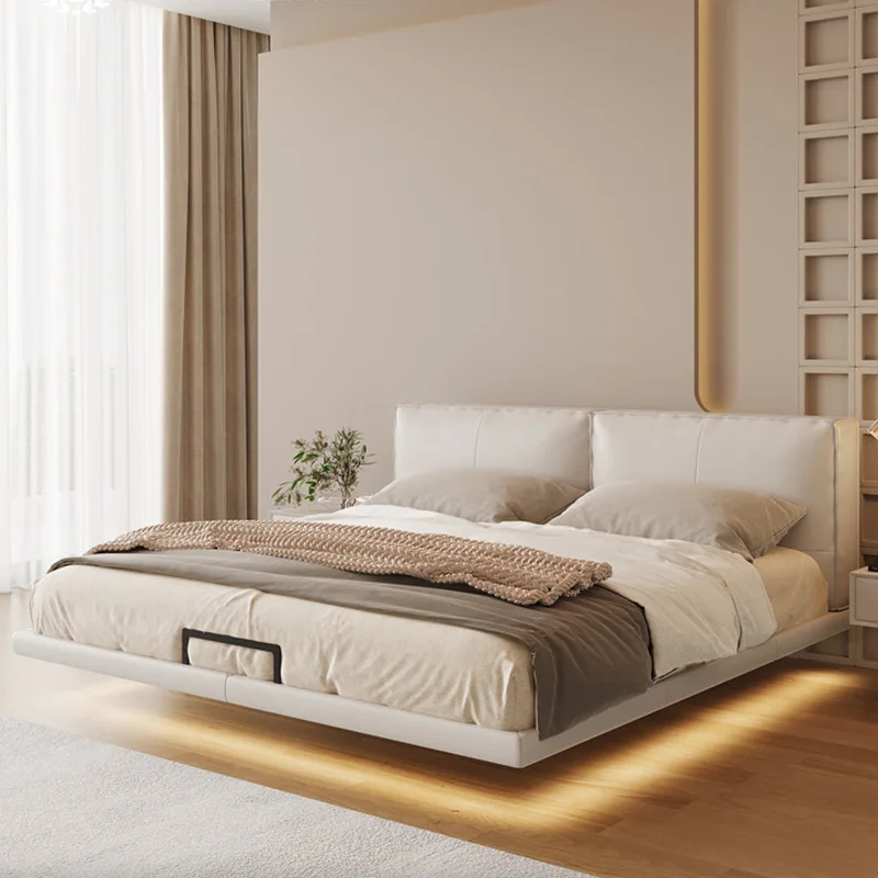 

Italian Light Luxury Napa Leather Double King Master Bedroom White Cream Wind Tofu Block Suspended Bed