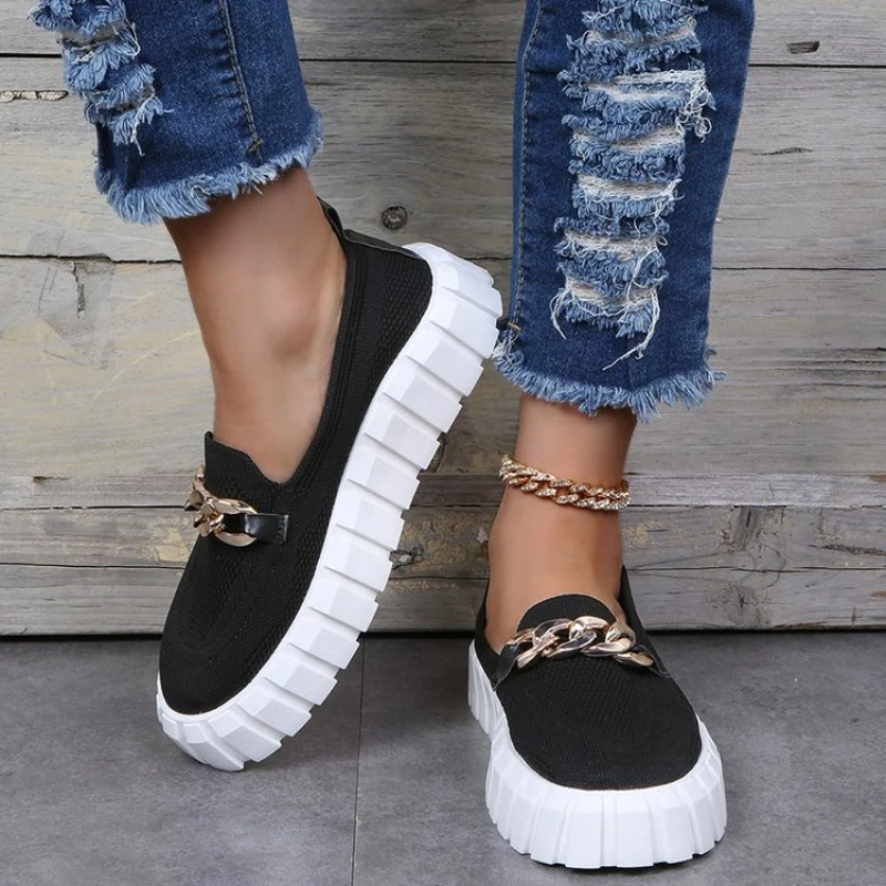 

New Women Casual Shoes Fashion Fly Woven Solid Color Metal Chain Loafers Slip-on Mesh Breathable Platform Flats Tenis Respiravel